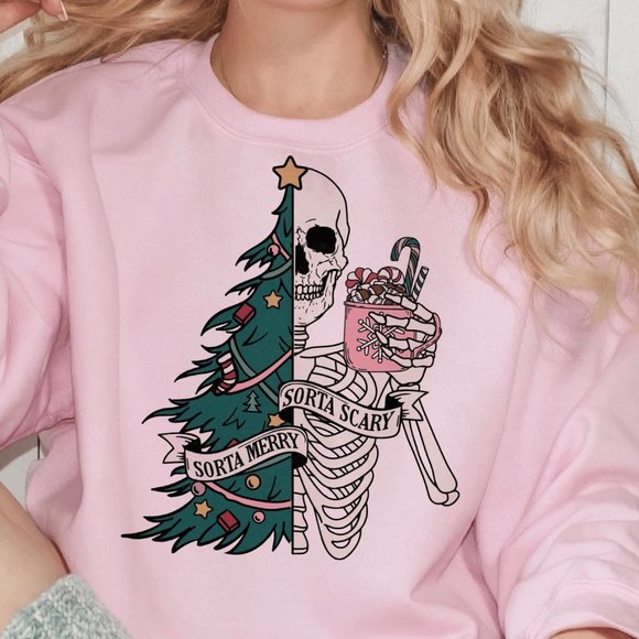 Desert Bloom Darlin Sweaters - Sorta Scary, Sorta Merry Skeleton Pink Sweatshirt